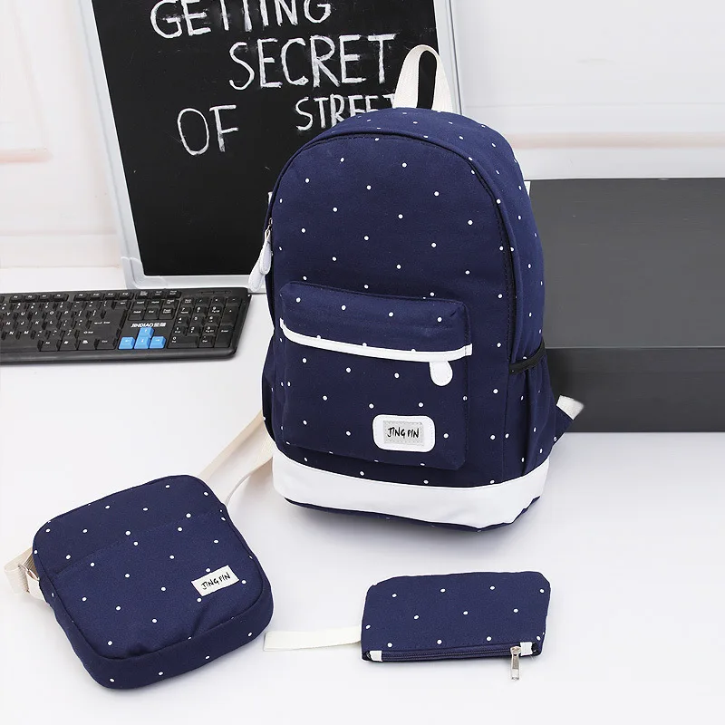 

Backpack Men And Women Korean-style College Style School Bag Polka Dot Three-piece Set Canvas Bag Picture Backpack