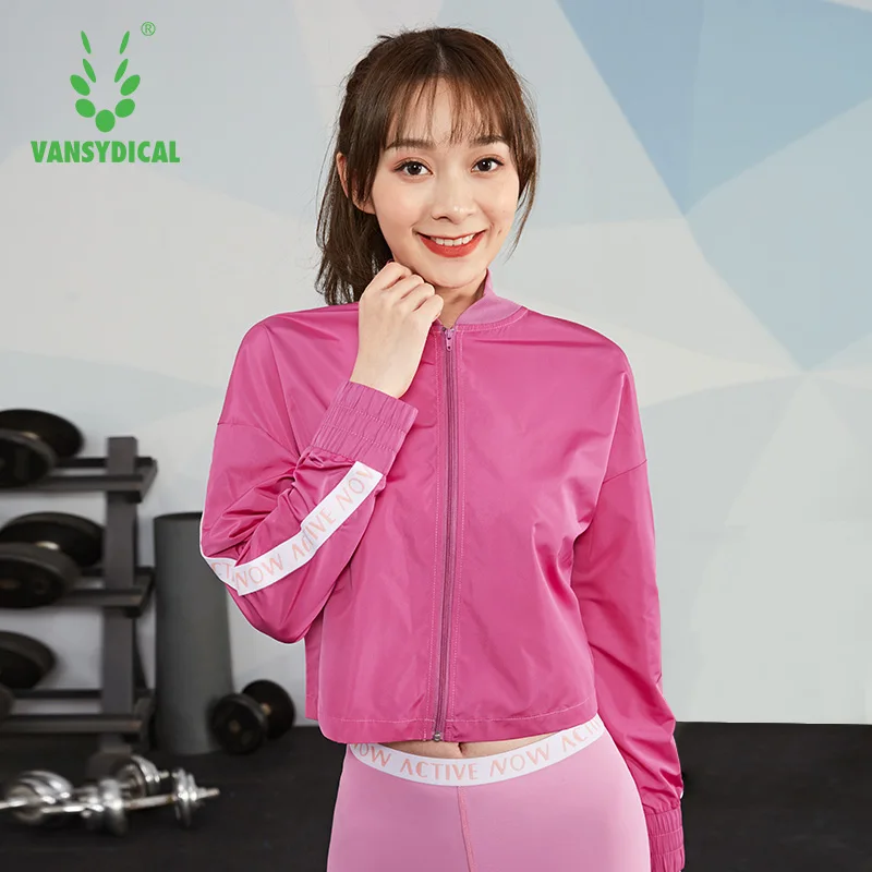 

VANSYDICAL running jacket women letter print mandrain collar crop top with zipper windproof gym clothing female sport wind coat