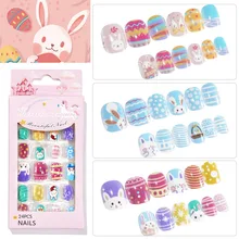 

24PC All Style Rabbit Design Coffin Full Cover Round End Kids Fake Tips New Year Gift Arcylic Short False Nail Tips With Glue#15