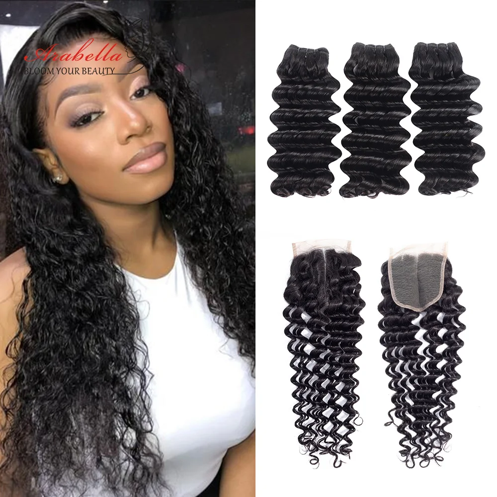 Arabella Supper Double Drawn Deep Wave Hair Bundles With Lace Closure 100% Bundles Virgin Hair
