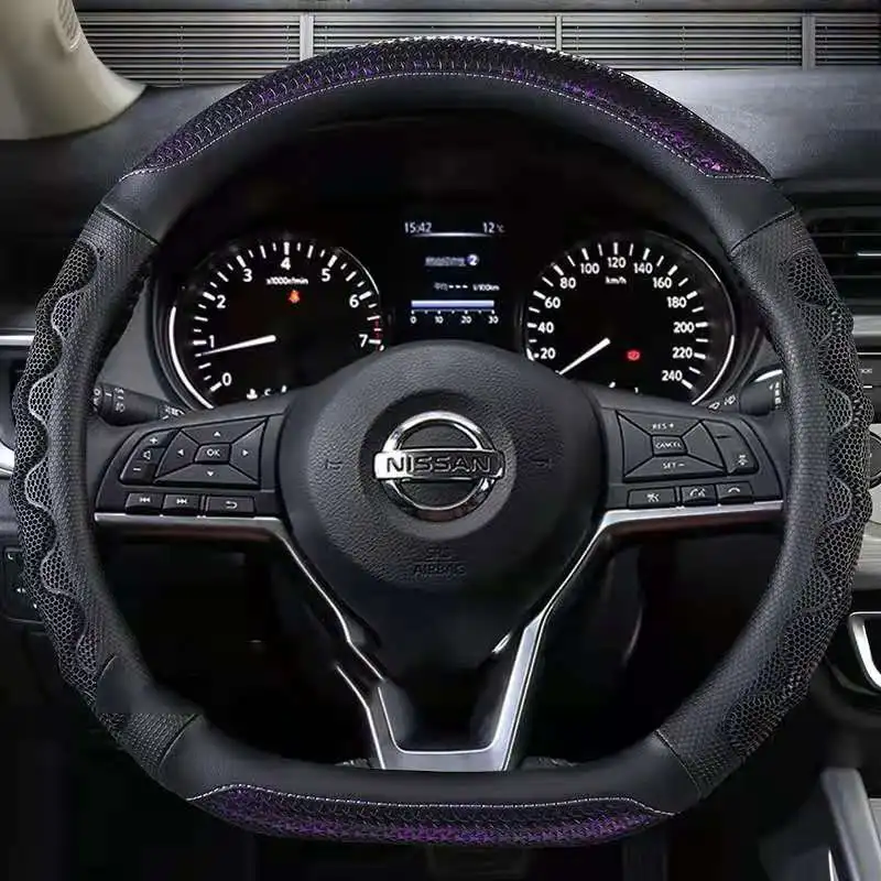 Фото Чехол на рулевое колесо D-образной формы для Nissan Rogue /Rogue Sport 2016 2017 2018 2019 2020 X-Trail 2017-2020, автостайлинг №4