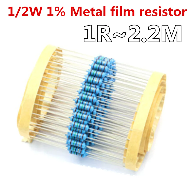 1/2W 1% Metal film resistor 1R~2.2M 100R 220R 330R 1K 1.5K 2.2K 3.3K 4.7K 10K 22K 47K 100K 100 220 330 1K5 2K2 3K3 4K7 ohm 50pcs metal film resistor metal film resistors