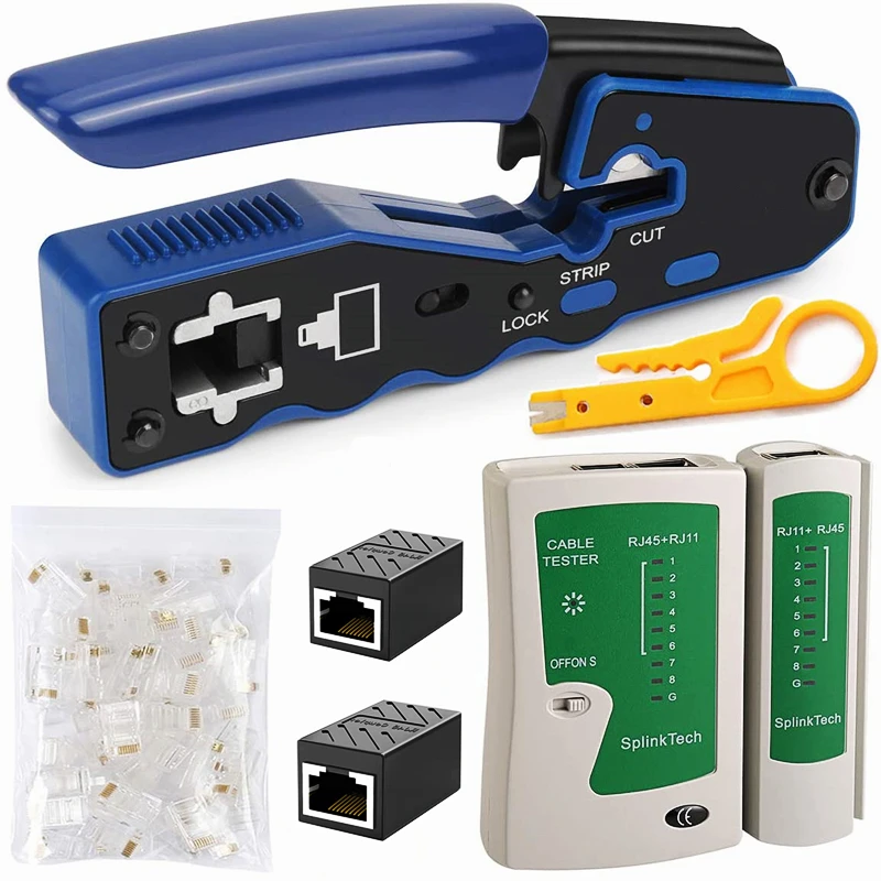 HTOC RJ45 Pass Through Crimp Tool Network Cable Tester 50PCS CAT6 Pass Connectors Mini Wire Stripper RJ45 Coupler For CAT5 CAT6 network tone tracer Networking Tools