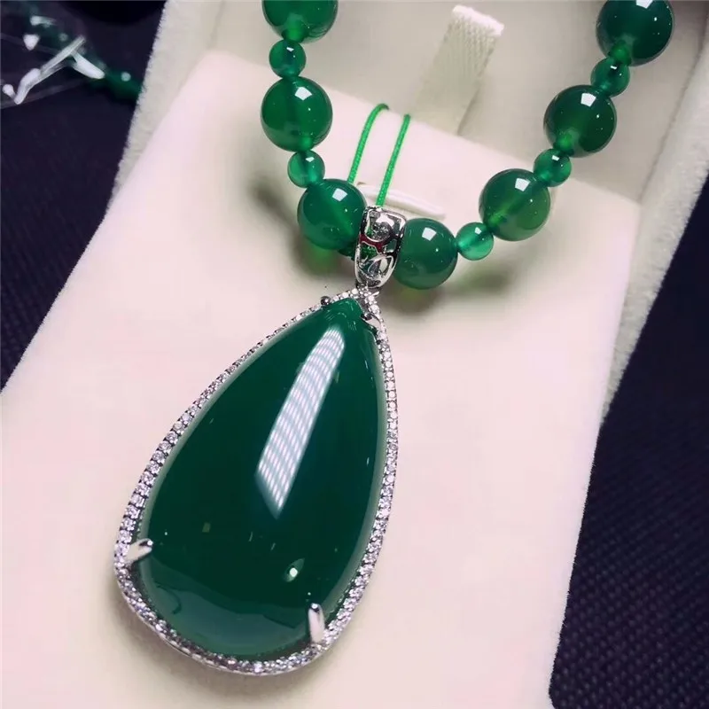 LETSFUN Fine Jewelry 925 Серебряный инкрустированный Натуральный Зеленый Халцедон подвеска в форме капель воды ожерелье свитер цепь Подарки