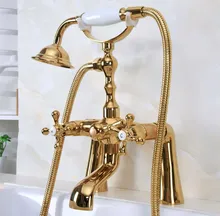 

Polished Gold Color Brass Deck Mounted ClawFoot Bathroom Tub Faucet Dual Cross Handles Telephone Style Hand Shower Head ana152