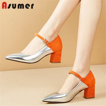 

ASUMER 2020 hot women pumps pointed toe buckle mixed color square heel spring summer single shoes ladies party shoes big size 48