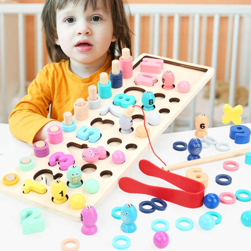

Wooden Early Childhood Educational Toy Four-in-One Fishing Clip Beads with Numbers ENLIGHTEN Cognitive Numbers Board