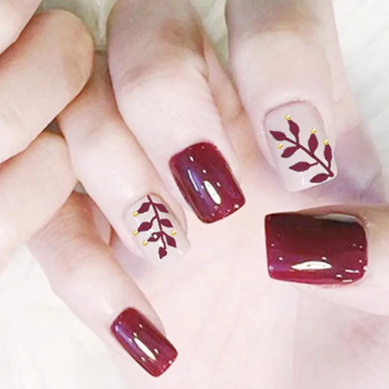 

24pcs/set Women fingernails Elegent Leaves Nail Finished Wearable Fake Nails with Back Sticker Bride Manicure Square faux nails