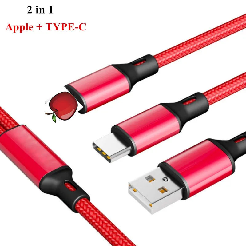 

2 in 1 2.4A Fast Charger USB Cable for iPhone Xs X 8 7 6 6s 5 SE Type C Cable for Samsung S8 S9 Xiaomi Huawei Mobile Phone Cord