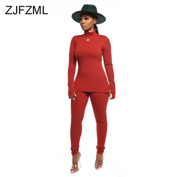 

Causal Solid Two Piece Tracksuits Womens Set High Neck Full Sleeve Bandage T Shirts + Bodycon Long Pants Ribbed Fall Outfits