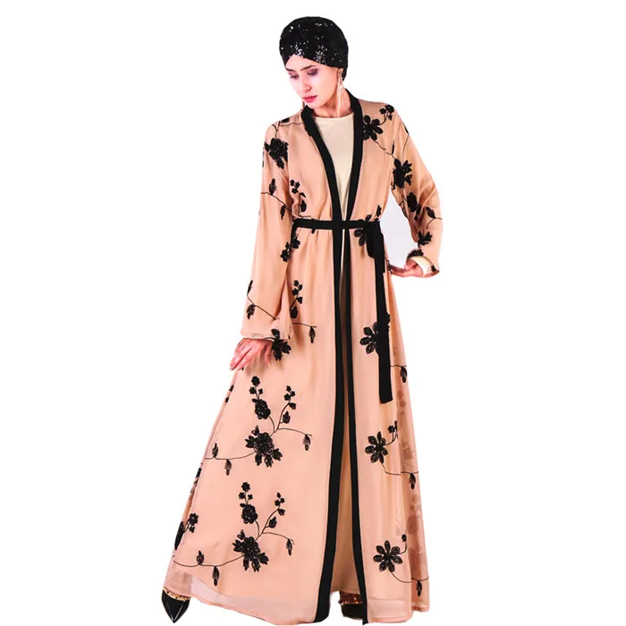 Abaya кимоно для женщин открытый кардиган Femme Толстая линия вышивка шифон мусульманская Верхняя одежда Пальто Блейзер полный рукав черный халаты плюс
