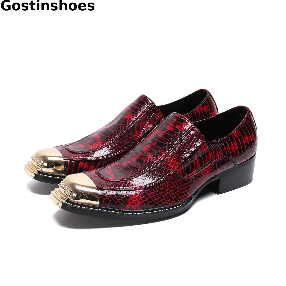 

Fashion Men Shoes Red Snakeskin Printed Genuine Leather Casual Men Oxfords Shoes Square Plain Metal Captoe Slip On Leisure Shoes