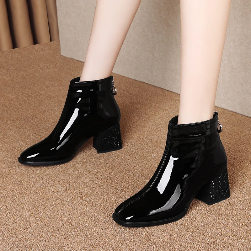 Women's genuine leather ankle Boots crystal High Heels dress party Shoes Woman spring autumn Female Boots Large size 34-43