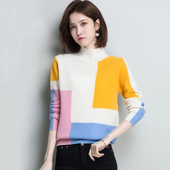 

Women Patchwork Turtleneck Cozy Sweater Winter 2019 Femme Ruched Long Sleeve Thick Pullover Jumpers One Size Cute Sweater