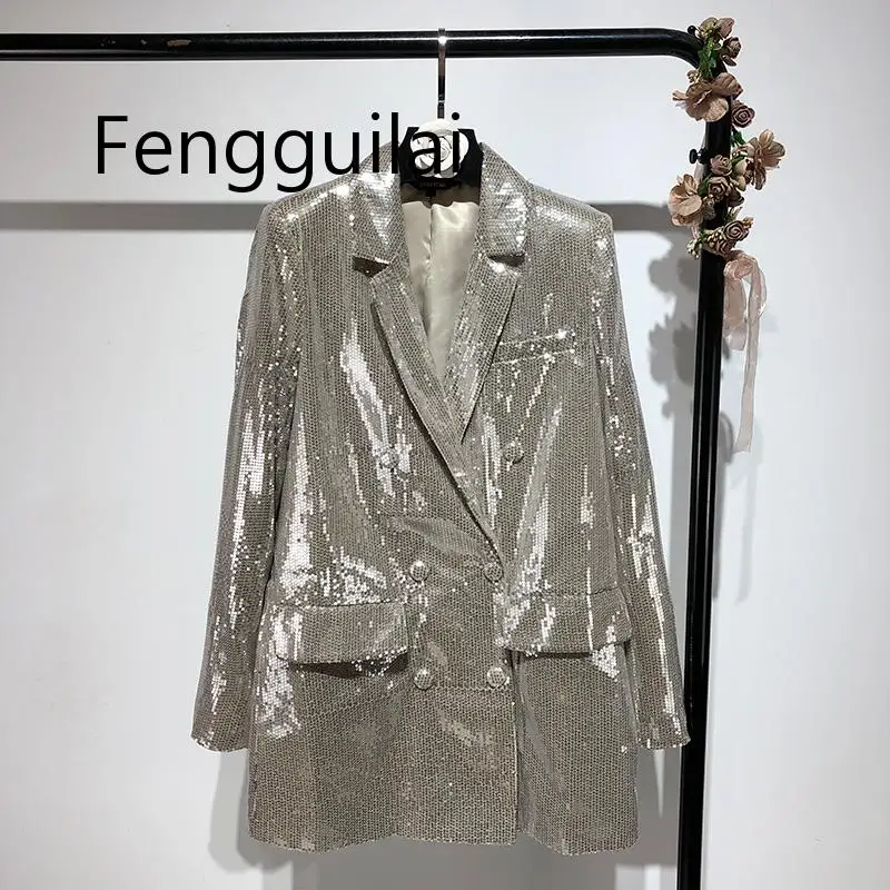 FENGGUILAI Double Breasted Blazer Sequins Club Blazer Long Sleeve Suit Coat Jacket Chic Women BlingBling Blazers Female - Цвет: FGFL1