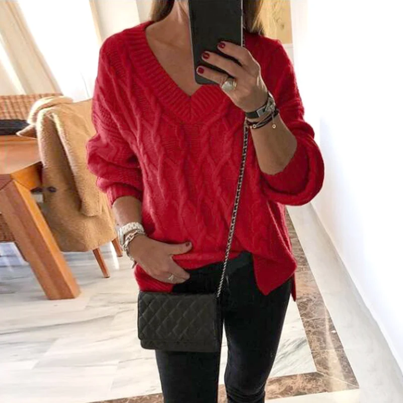 

Twisted Split Knitted Women's Sweater V-Neck Long Sleeve Solid Loose Female Sweaters 2019 Autumn Fashion Casual Pullover Jumper