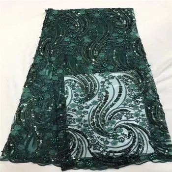 

2019 green High Quality African Lace Fabric Gold , Red French Net Embroidery Sequins beads Tulle Lace Fabric For Nigerian Party