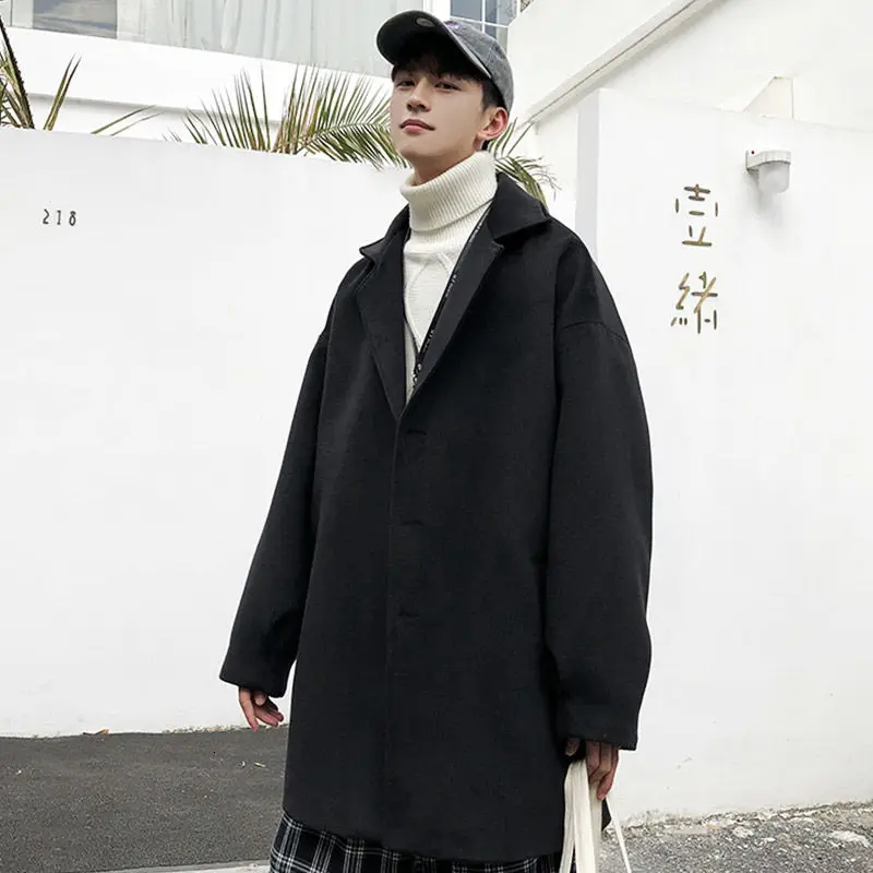 

2020 Autumn And Winter New Youth Popular Men's Loose Solid Color All-match Woolen Coat Fashion Casual Single-breasted Top