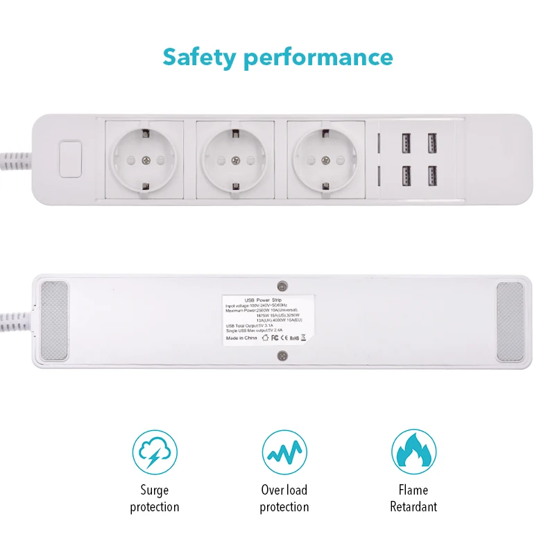 Умный удлинитель с 3 розетками европейского стандарта розетки 4 USB порта
