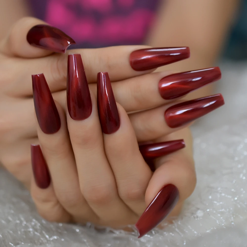 Coffin Red Fake Nails Extra Long Tapered Cat Eye Gelnail Handpainted Thick Galaxry Press On Nail Ct From Xingceng 25 57 Dhgate Com