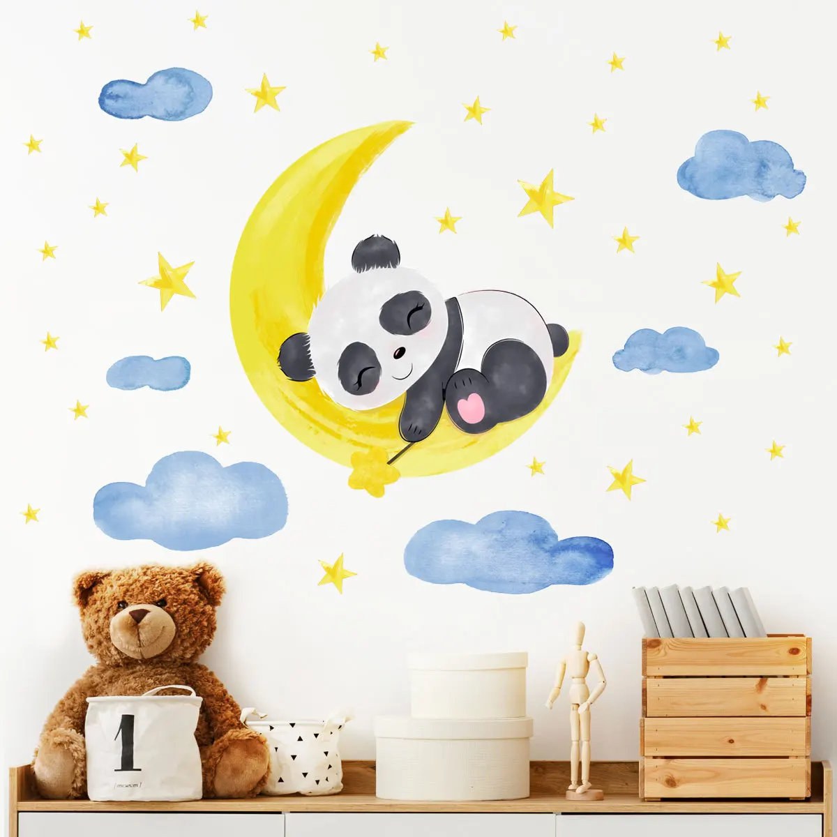 Kids animal on the Moon Wall Sticker Kids Room Baby Room Decoration Wall Decals Kids Teddy Bear Sleeping on the Moon