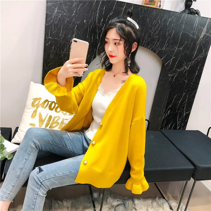 Woherb женский кардиган свитер с v-образным вырезом однотонный Свободный Трикотаж однобортный Повседневный вязаный кардиган верхняя одежда корейская куртка пальто