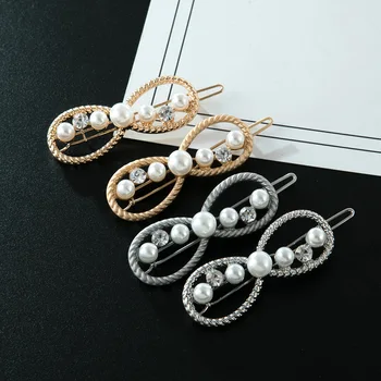 

Haimeikang Fashion Alloy Hair Clip Twist Pearl Rhinestone Clip Hollow Glossy Round Square Hairpin Women Hair Accessories