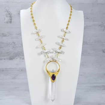 

GG Jewelry Natural Clear Quartz Point White Biwa Pearl Amethyst Pendant Chain Pendant Necklace 21"