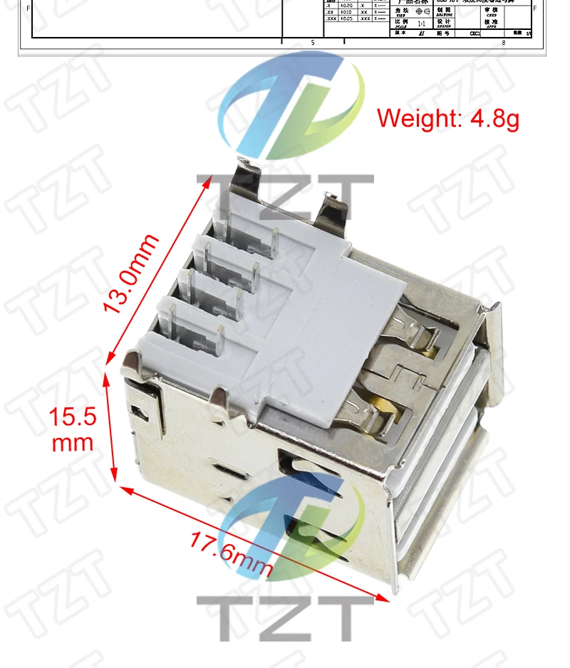 TZT 1/5/10 Stück Dual-USB-Buchse, 90-Grad-USB-Anschluss, Buchse mit 4 gebogenen Füßen für Induktionsladung – Detail 2