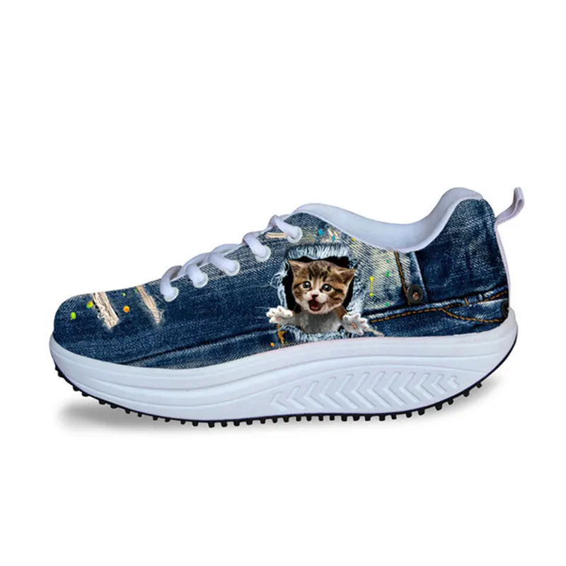 Женские кроссовки Koko cat; обувь для танцев на платформе; Джинсовая повседневная женская обувь с принтом кота; кроссовки из сетчатого материала, визуально увеличивающие рост - Цвет: CA4915AS