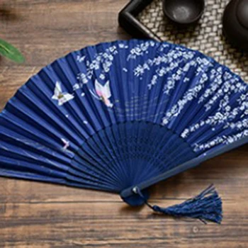 

6Pcs Chinese Japanese Folding Fan Wooden Shank Classical Dance Fan Tassel Elegent Female Fan