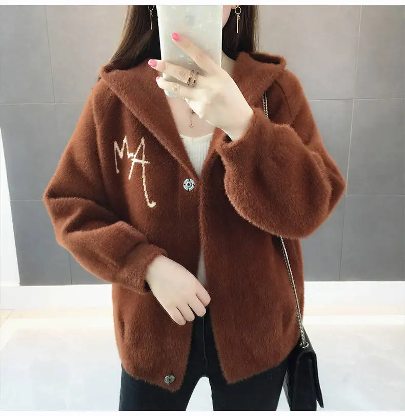 Women Mink Fur Jacket Autumn Winter Women Coat Loose Embroidered Thick Velvet Hooded Sweater Female Cardigan