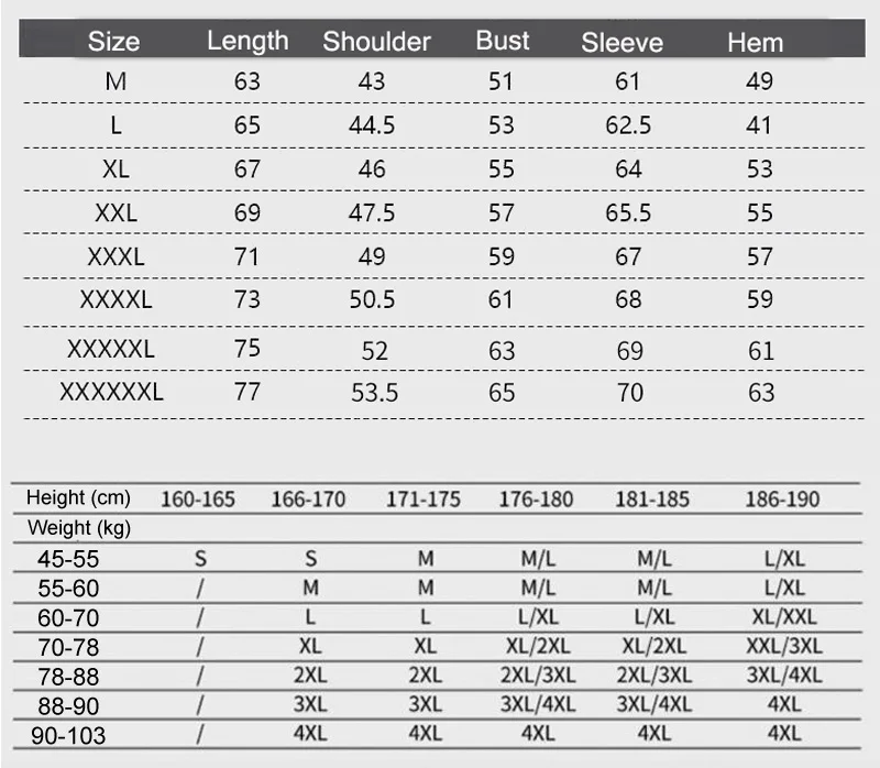 Size Chart of Electric Heated Jacket