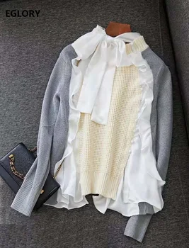 

High Quality Sweaters and Pullovers Women Bow Tie Elegant Ruffle Patchwork Long Sleeve Knitted Pullovers Ladies Casual Jumper