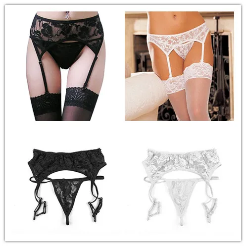 Sexy Lingerie Lace Top Thigh High Stockings+Garter Belt+G-string Sexy Underwear Ladies Sheer Intimates Stockings Set Hot