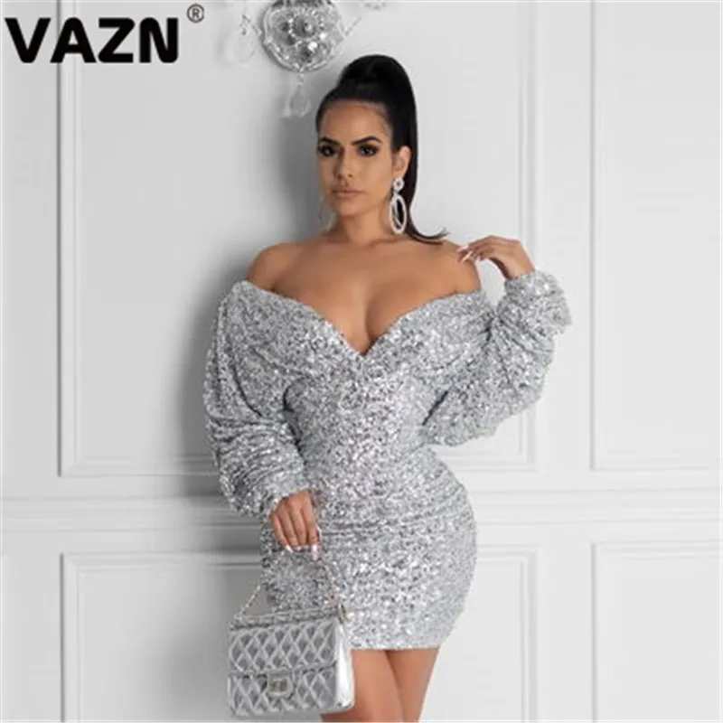 VAZN, новинка, с оборками, тяжелая промышленность, с блестками, сексуальный, неопрятный, модный, длинный рукав, высокая талия, женское тонкое мини-платье-карандаш - Цвет: Серебристый