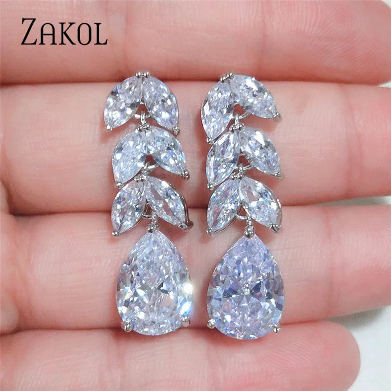White Color ZAKOL, женские блестящие серьги с темпераментом AAA, циркониевые серьги для женщин, длинные Висячие свадебные серьги невесты, вечерние ювелирные изделия FSEP2384 - Окраска металла: White Color