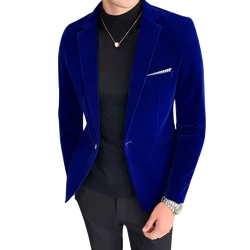 Fall Winter Gold Velvet Blazer High Quality Slim Fit Suit Jacket Fashion Casual Men Groom Singer Costume Formal Evening Dress