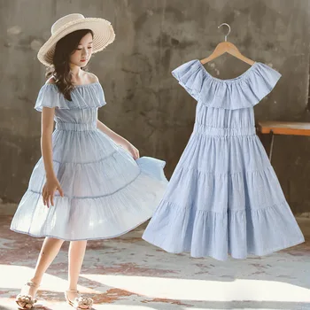 

Blue Wedding Sleeveless Girl Dress Cotton Summer Off Shoulder Party Newborn Girls Dress Flower Robe Enfant Girls Clothing BW50DR