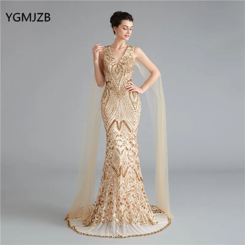 Sparkly Long Silver Sequin Mermaid Evening Dresses Full Sleeve V Neck Women Formal Prom Gowns Party Dress vestido de festa