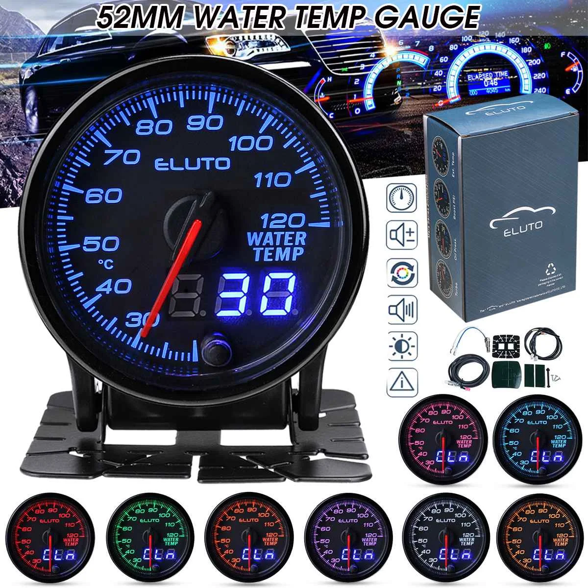 

Eluto Universal 2"52mm Car Water Temperature Gauge Digital & Indicator Pin Double Display 10-color LED Display Car Meter