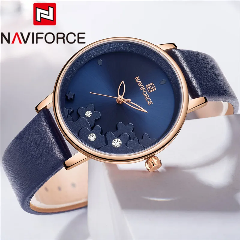 NAVIFORCE женские часы лучший бренд роскошные золотые и синие цветы наручные браслет