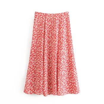 

2020 Za New Casual Fashion Lady Female Women Women's clothes Red floral pattern water Indian fake wind print skirt XS-L