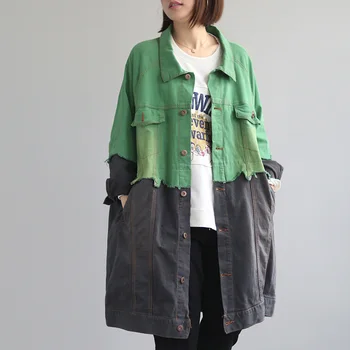

2019 Spring Autumn Women Denim Coat Lapel Vintage Long Sleeve Hit Color Patchwork Ladies Coats Loose Windbreaker Female Jacket
