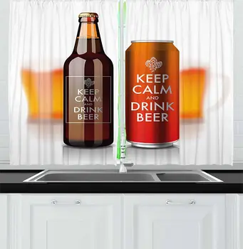 

Man Cave Kitchen Window Curtains Bottle and Can with Keep Calm and Drink Beer Lettering Cool Refreshments Drink Window Decor