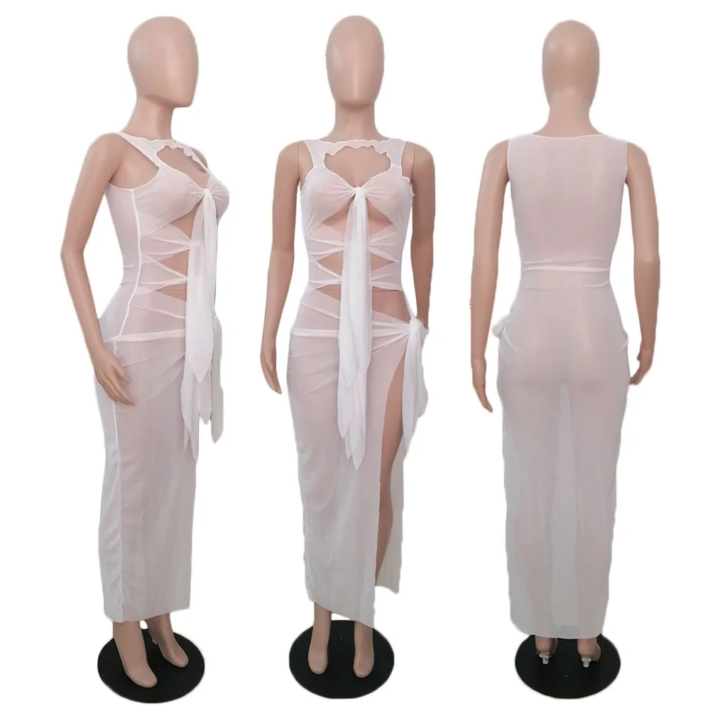 2021 Summer New Cover-ups Women Beach Dress Sexy Mesh See Through Vacation Long Dresses Hollow Out Bandage Club Party Vestidos sheer bathing suit cover up