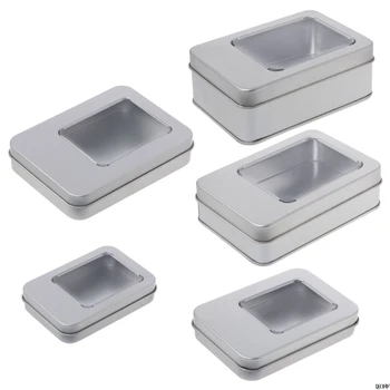 

Rectangular Tin Silver Storage Box Case Organizer with Half Clear Window Lid