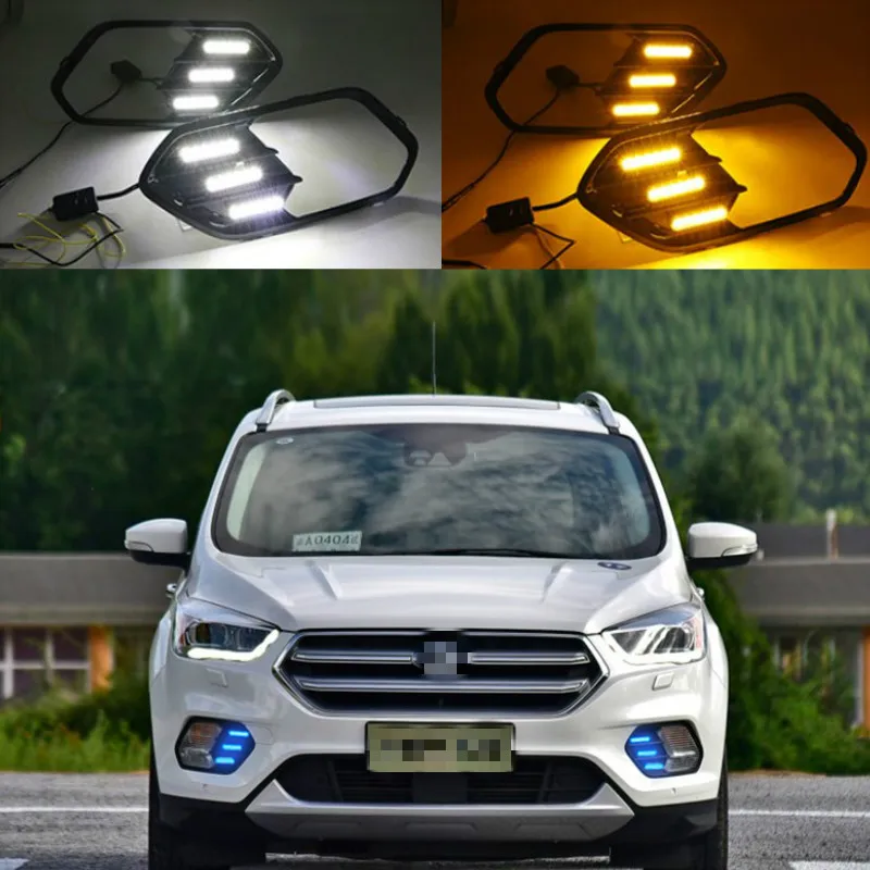2PCS Turn Yellow Signal Function 12V Car DRL Lamp LED Daytime Running Light For Ford Escape Kuga 2016 2017 2018