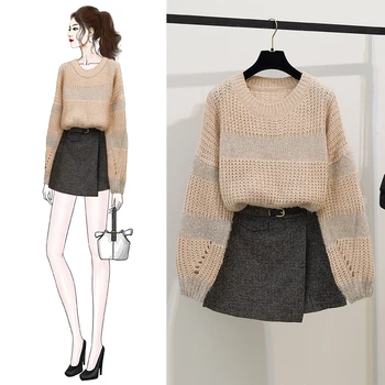

Suit Knitted Women New Winter Sweater Irregular Skirt Twinset Pullover Loose Sweaters 2 Pcs Casual Clothes Outfit Lady Set