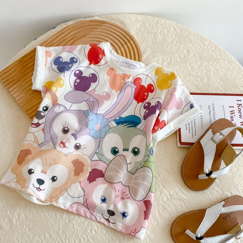 

2021 Spring summer girls foreign style cute blouse children's baby cartoon short-sleeved T-shirt pure cotton half-sleeved tops